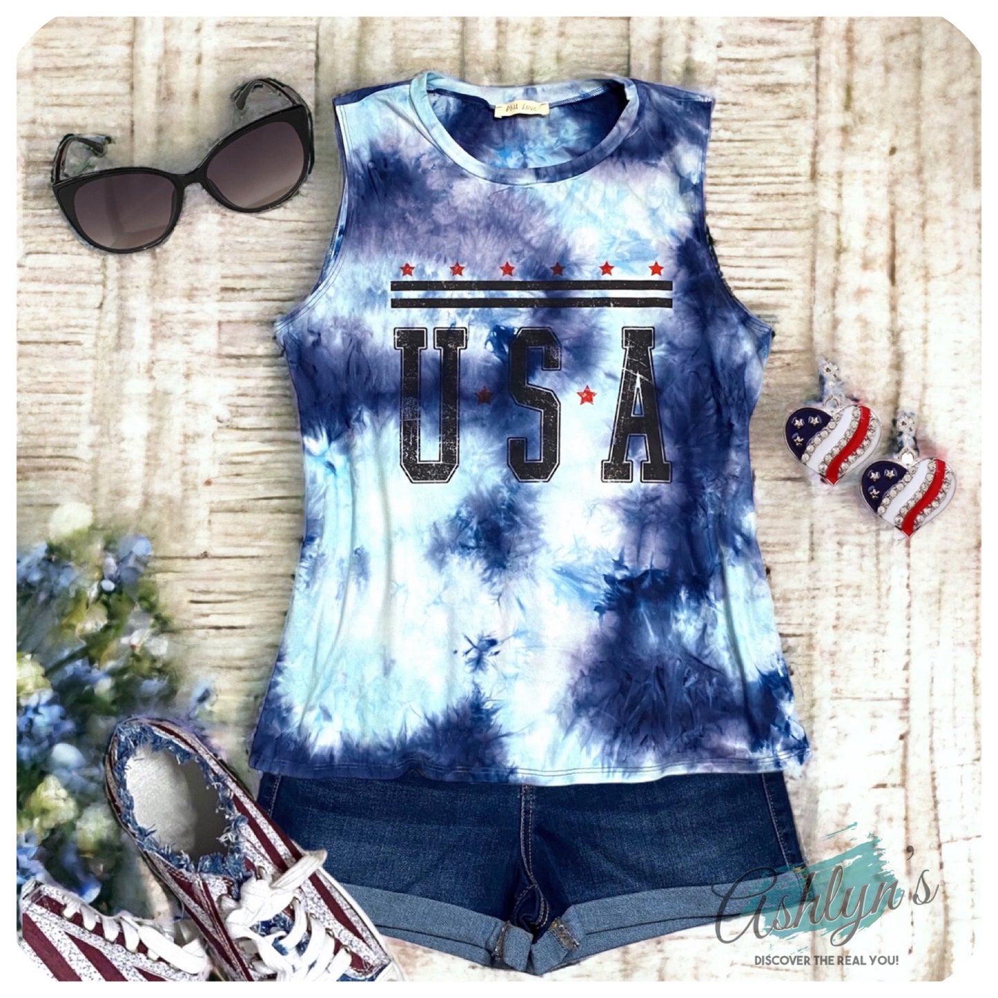 Closeout-Ashlyn’s Blue TieDye USA Star Graphic Print Sleeveless Top