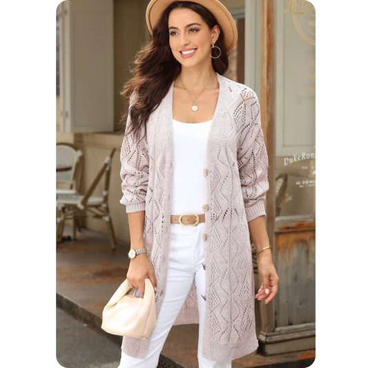 Casually Classy Khaki Hollowed Put Knit Cardigan-Sweater Jacket