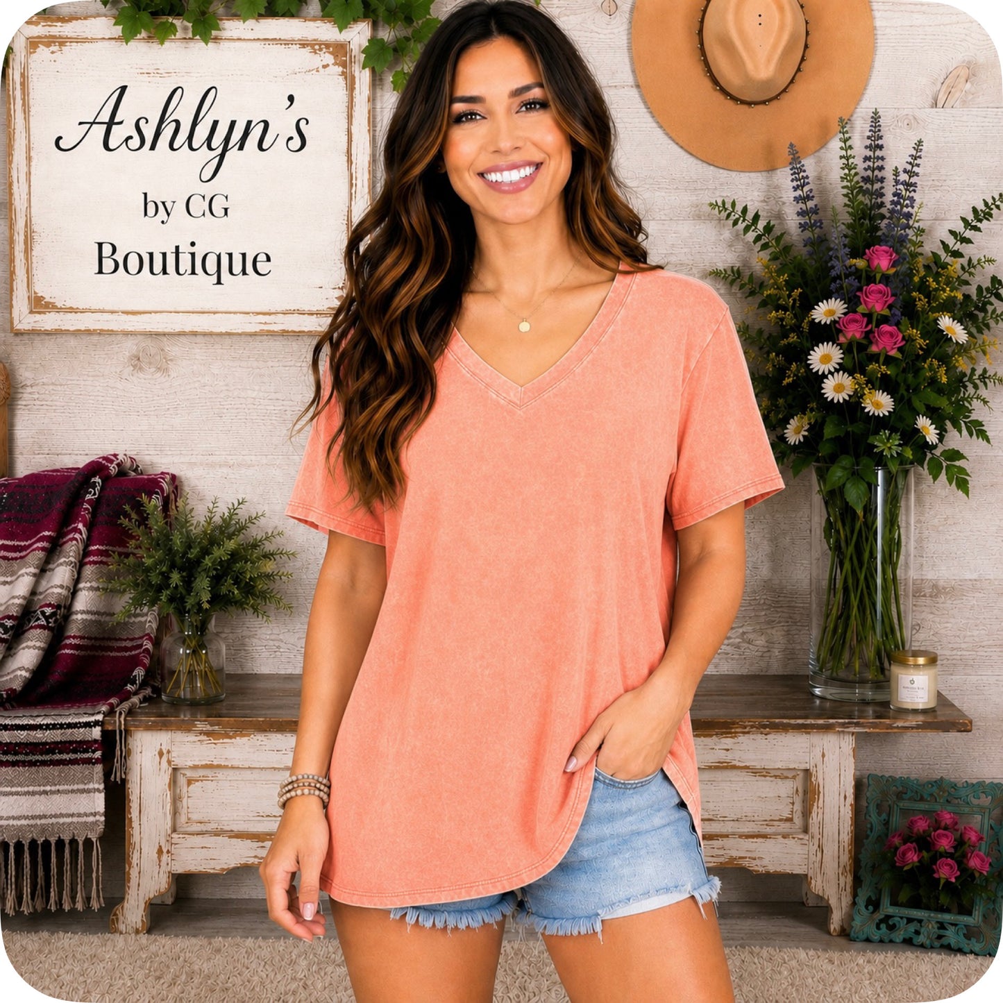 ZENANA Washed Classic V Neck Short Sleeve Tunic Top