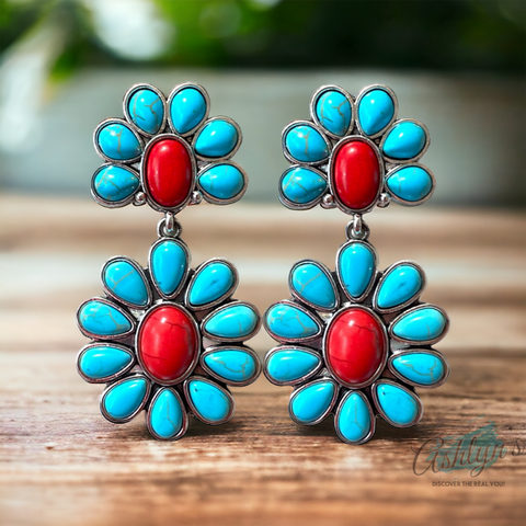 Western Iconic Turquoise Red Stone Concho Earrings