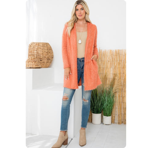 Ashlyn’s Casually Classy Silky Fur Coral Hooded Cardigan-Open Front Sweater