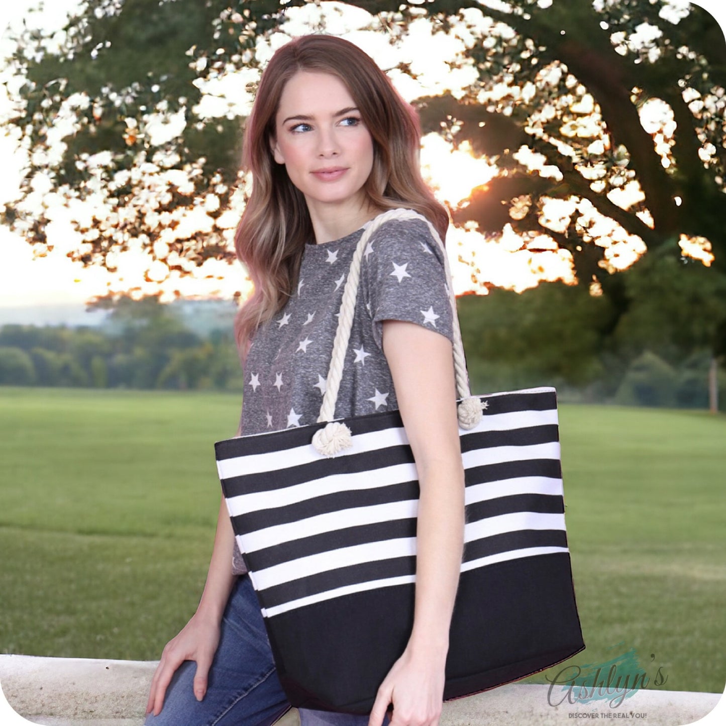 Ashlyn’s XL Black Striped Canvas Headed Out with Ease Tote Bag-Purse