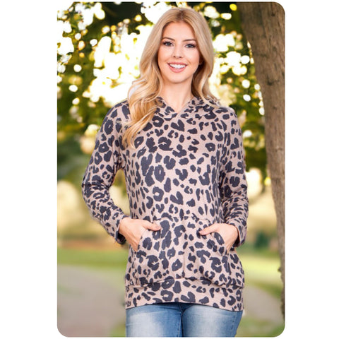 Ashlyn’s Cozy Cute Leopard Kangaroo Pocket Hooded Top-Sweater-Hoodie