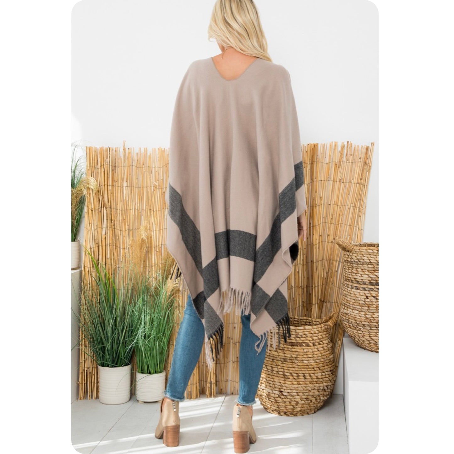 Casually Classy Beige Color Block Fringe Trim Kimono-Open Front Shawl