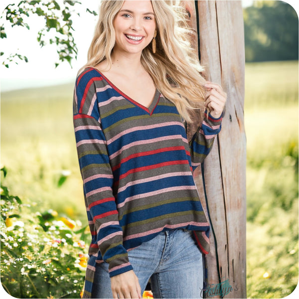 Door Buster-Ashlyn’s Casually Cute Navy Striped V Neck Tunic Top-Oversized