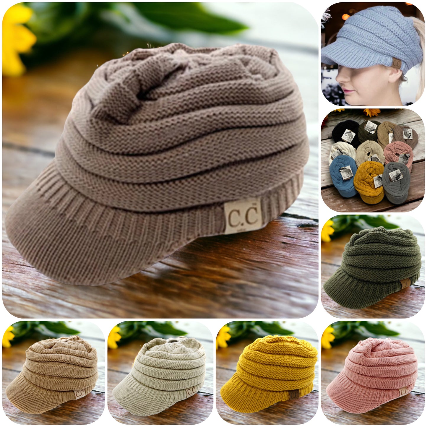 CC Beanie Tail Messy Bun Winter Hat-Visor Knit Hat-Warm Knit Ball Cap