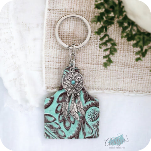 Adorable Concho Feather Charm Leather Mint Keychain-Purse Charm