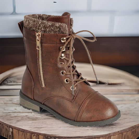 Cozy Cute Pepper Trim Brown Combat Boots