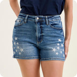 JUDY BLUE American Pride HW Silver Star Splatter Blue Denim Shorts