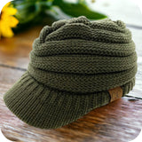 CC Beanie Tail Messy Bun Winter Hat-Visor Knit Hat-Warm Knit Ball Cap