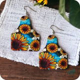 Turquoise Sunflower Leather Earrings-Western