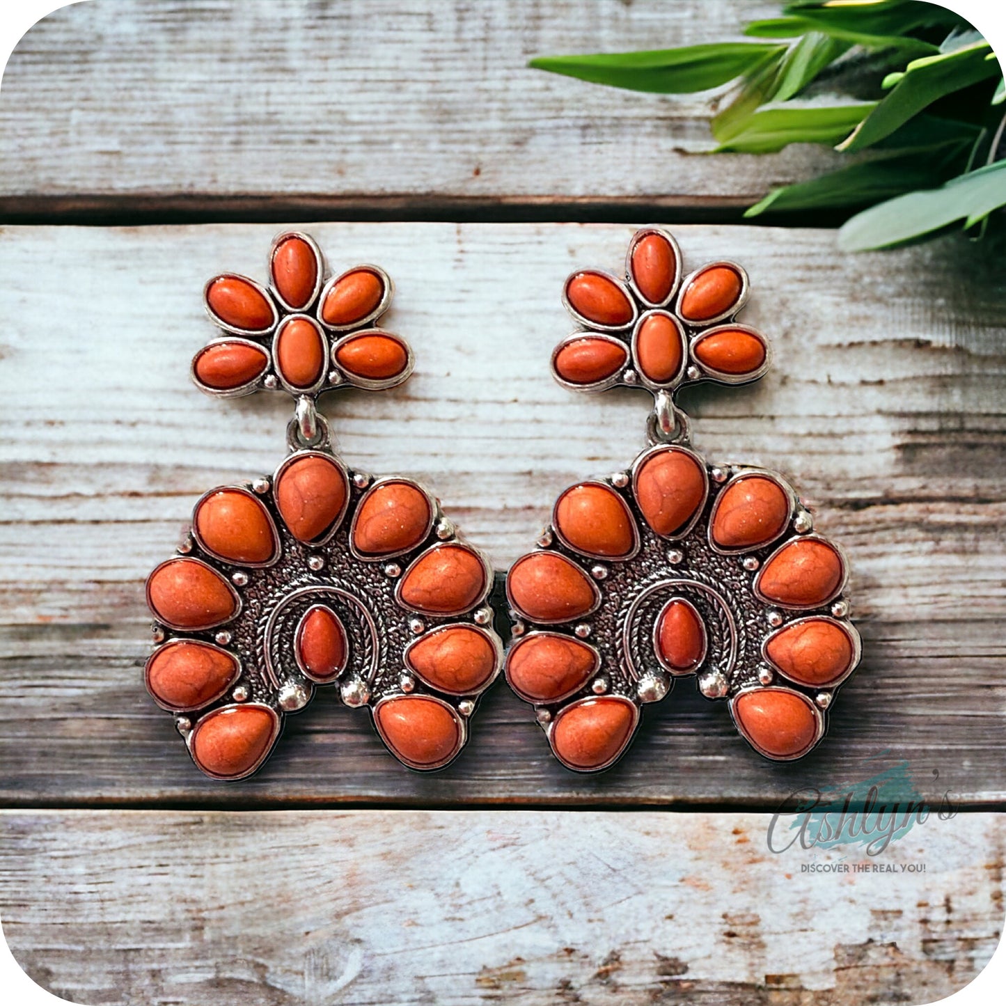 Western Iconic Coral Rust Stone Horseshoe Concho Earrings