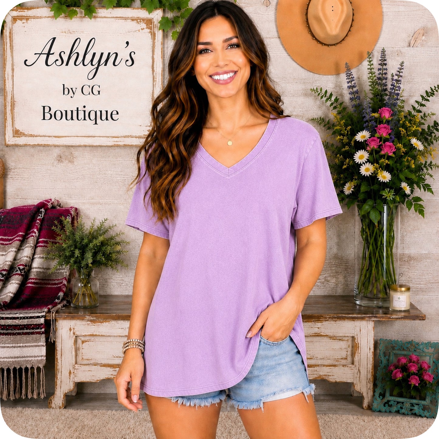 ZENANA Washed Classic V Neck Short Sleeve Tunic Top