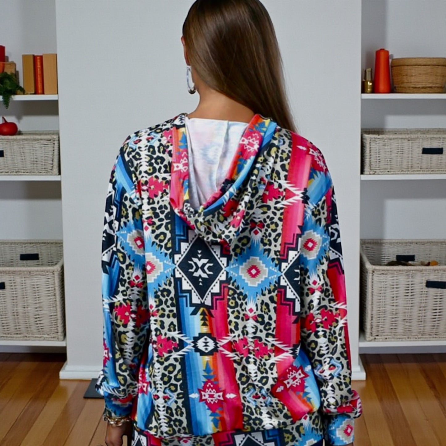 Aztec Animal Print Mix Pink Blue Hooded Sweater Top