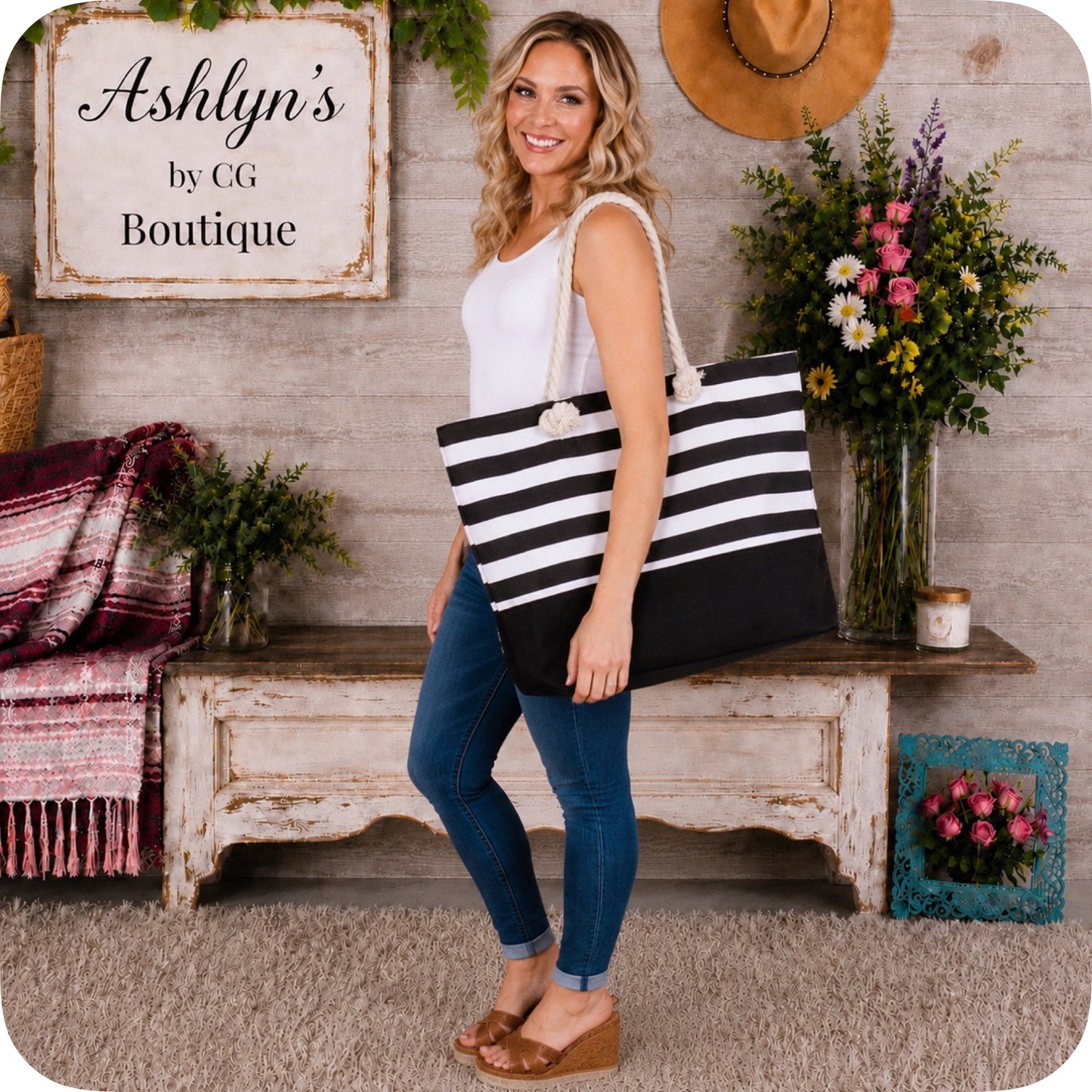 Ashlyn’s XL Black Striped Canvas Headed Out with Ease Tote Bag-Purse