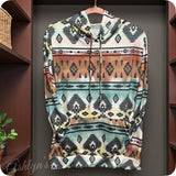 Fall Approved Rust/Hunter Green Aztec Print French Terry Kangaroo Pocket Hoodie-Hooded Sweater Top