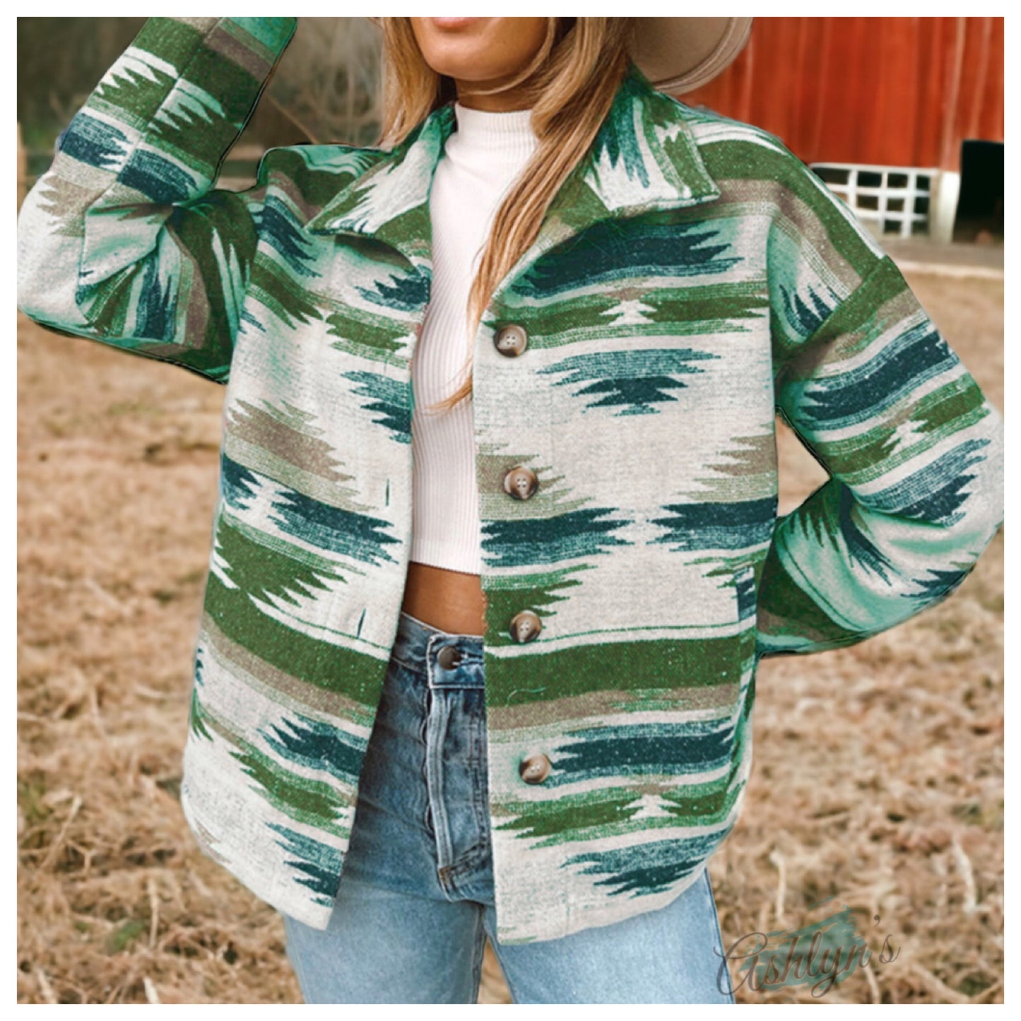 Hello Beautiful! Jenna P Women’s Green Mix Aztec Jacket-Tribal Shacket