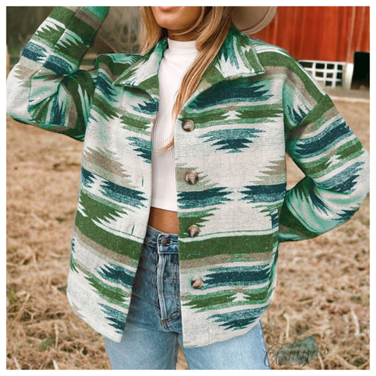 Hello Beautiful! Jenna P Women’s Green Mix Aztec Jacket-Tribal Shacket