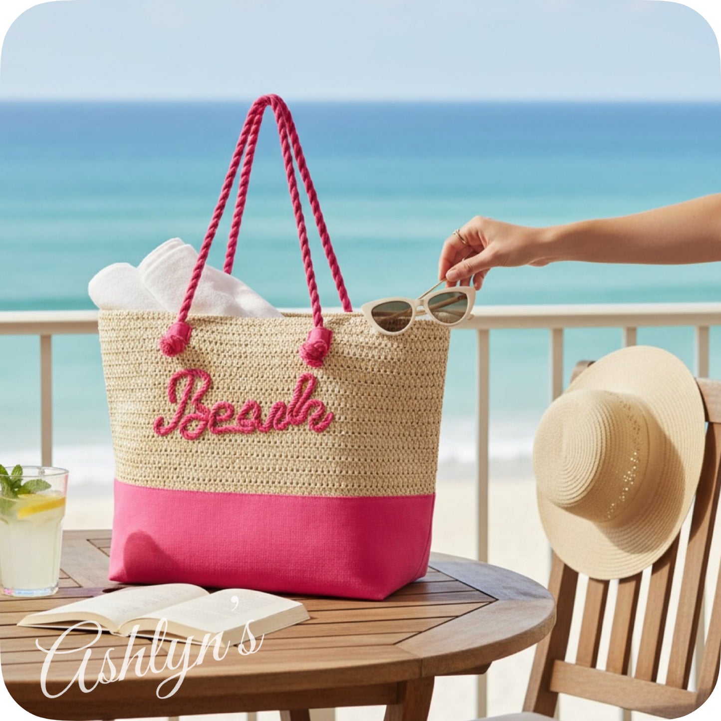 Summer Time Fun-XXL Pink Beach Verbiage Crochet Tote Bag-Purse