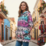 Fall Approved Jade/Magenta Aztec Print French Terry Kangaroo Pocket Hoodie-Hooded Sweater Top
