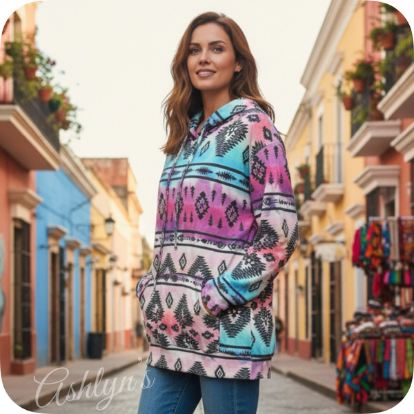 Fall Approved Jade/Magenta Aztec Print French Terry Kangaroo Pocket Hoodie-Hooded Sweater Top