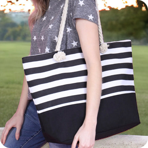Ashlyn’s XL Black Striped Canvas Headed Out with Ease Tote Bag-Purse