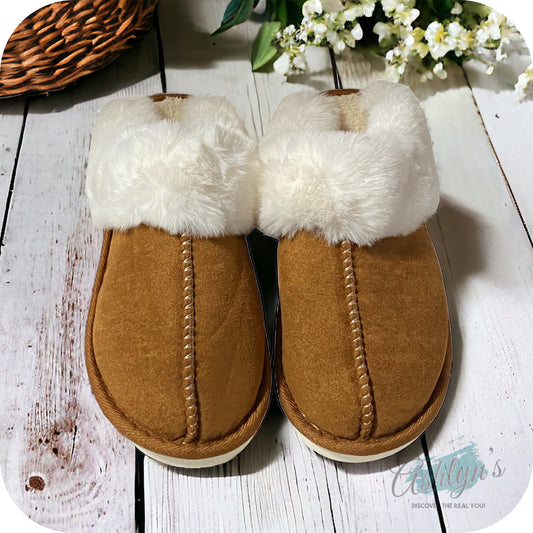 Michele V Dark Tan Suede Plush Slippers
