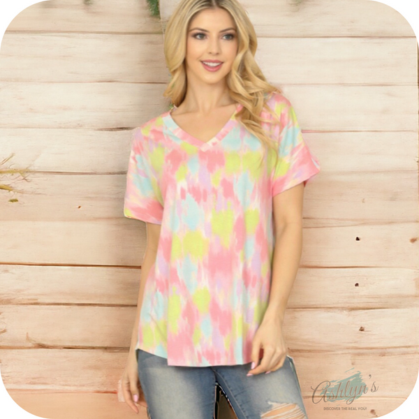 Spring Time V Neck Yellow Pink Tie Dye Top