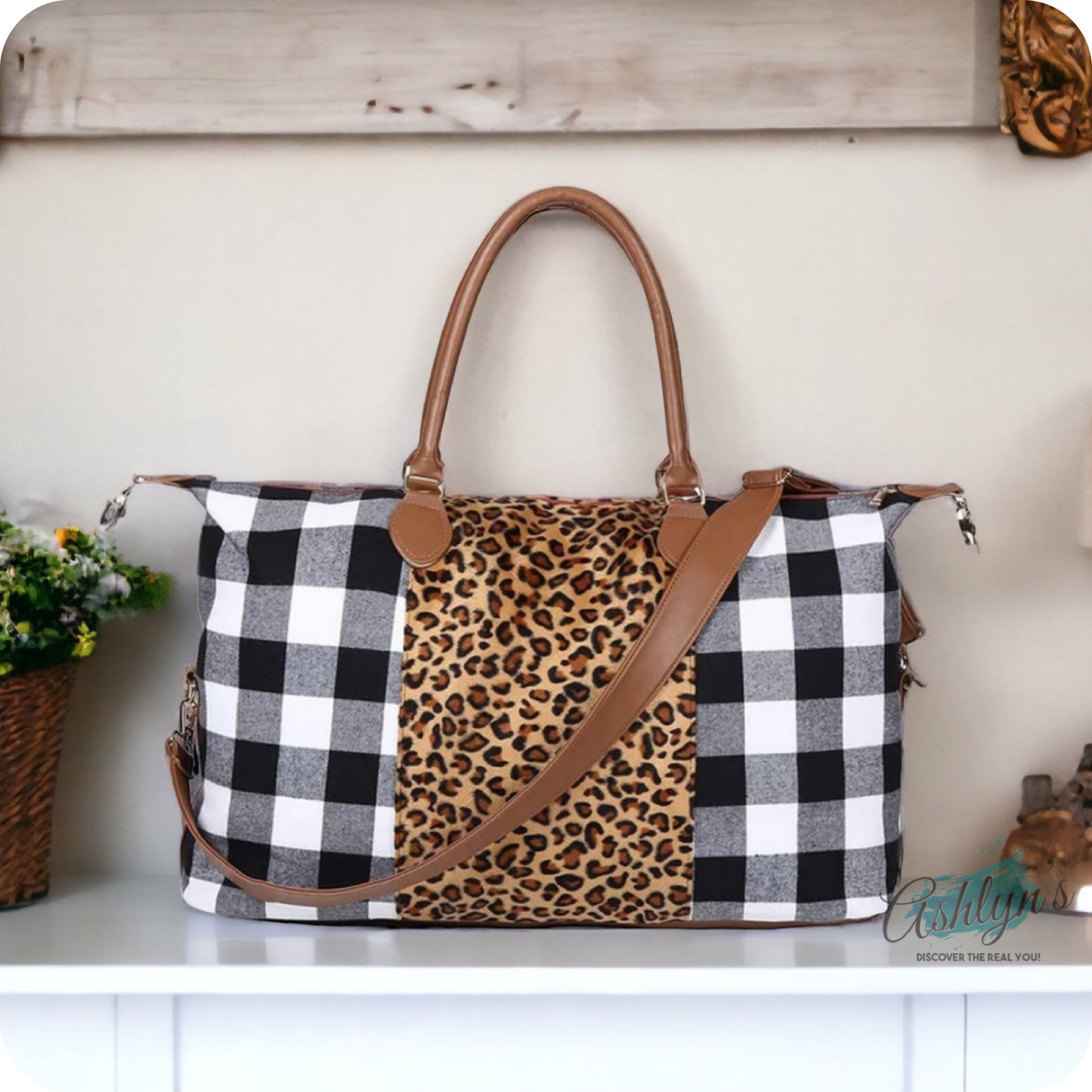 Gotta Get It! Black Buffalo Plaid with Leopard Mix Huge XL Weekender Bag-Tote Bag-Purse