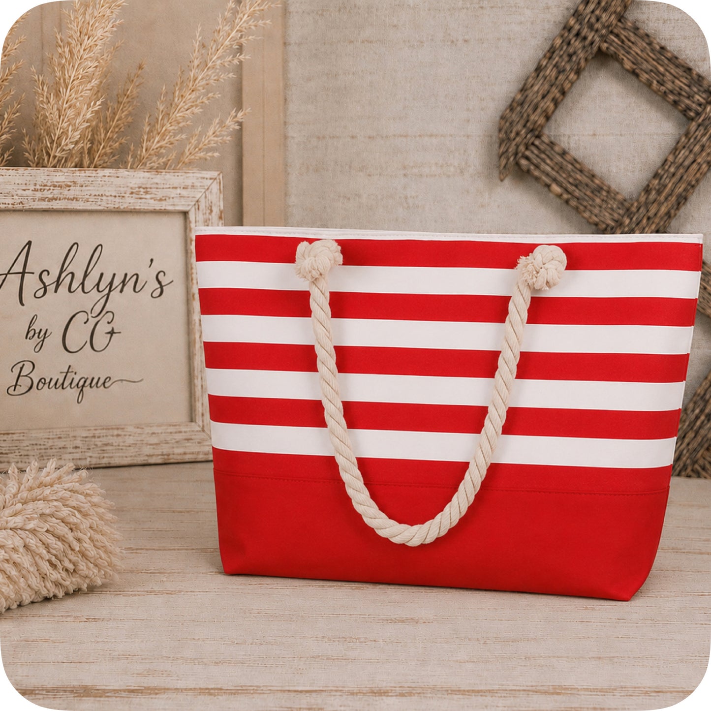 Ashlyn’s XL Red Striped Canvas Headed Out with Ease Tote Bag-Purse