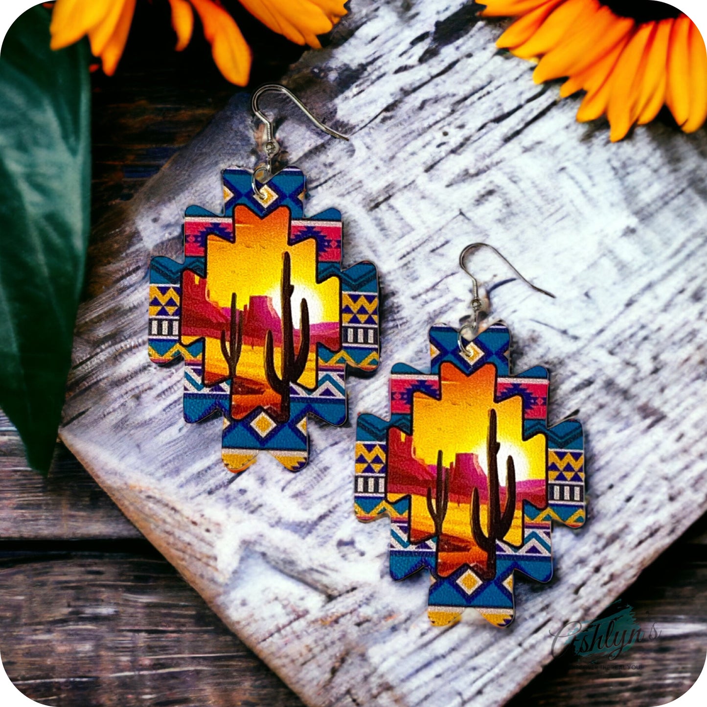 Sunset Cactus Leather Earrings-Navajo-Western