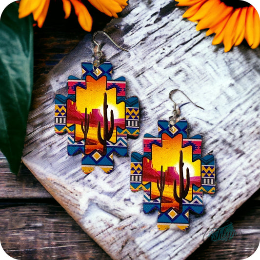 Sunset Cactus Leather Earrings-Navajo-Western