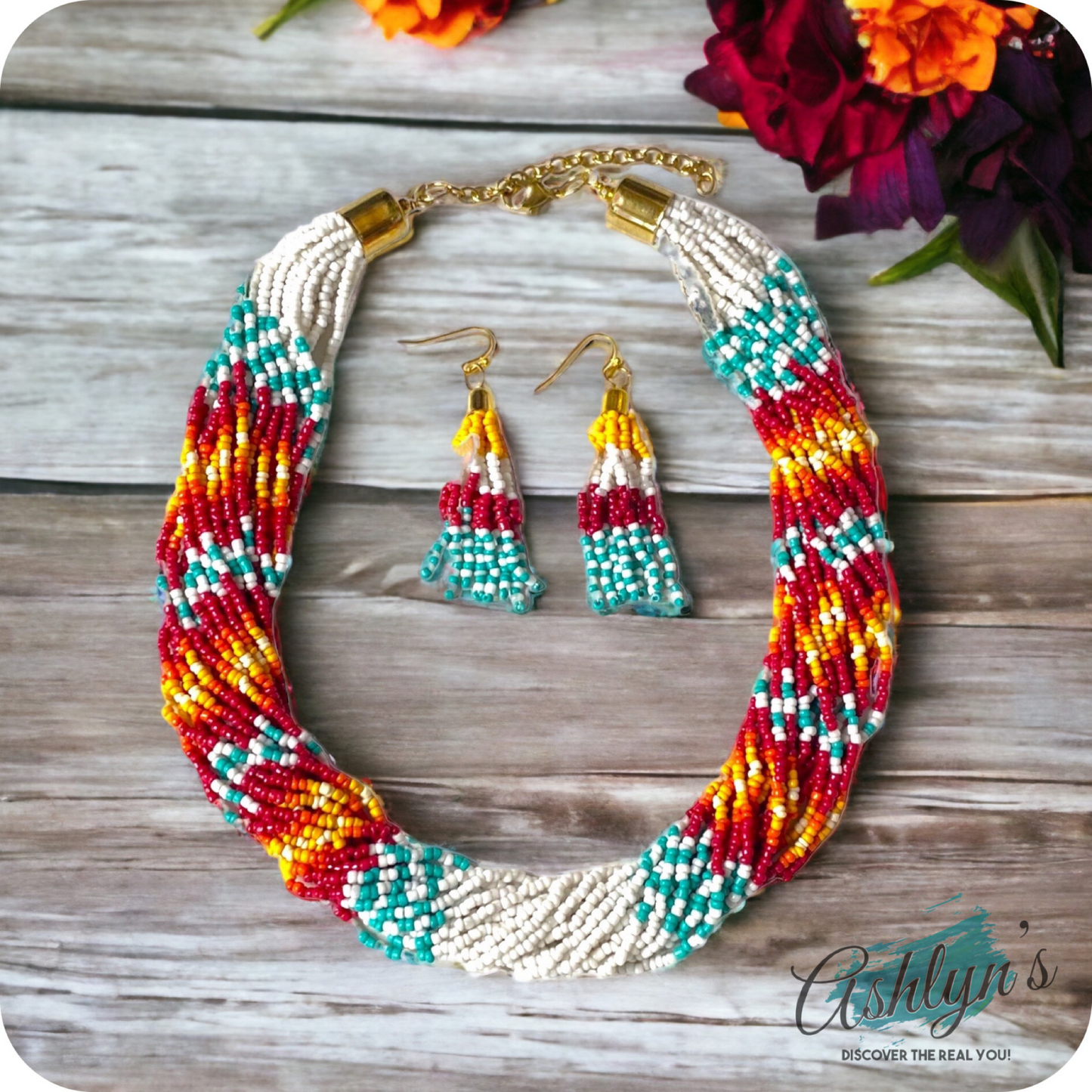 Ashlyn’s Classy Multi Strand Thick Twist Ivory Teal Necklace Set