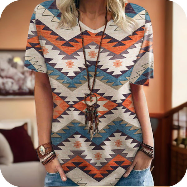 Closeout-Ashlyn’s V Neck Navajo Print Multi Color Top-Western Tunic Top