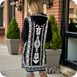 Boho Asymmetric Print Long Black Hooded Cardigan-Aztec Sweater-Duster