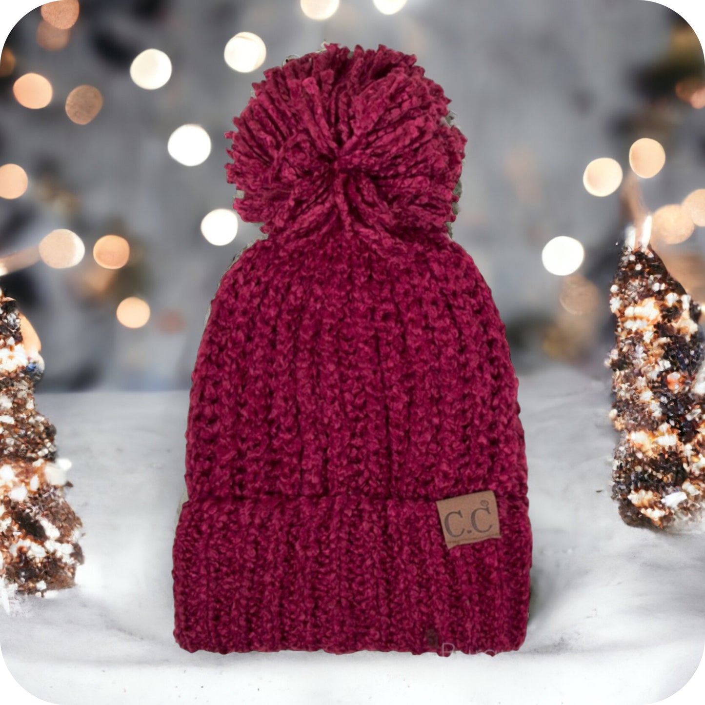 Adorable Adult Chenille Puff Pom CC Beanie-Winter Hat