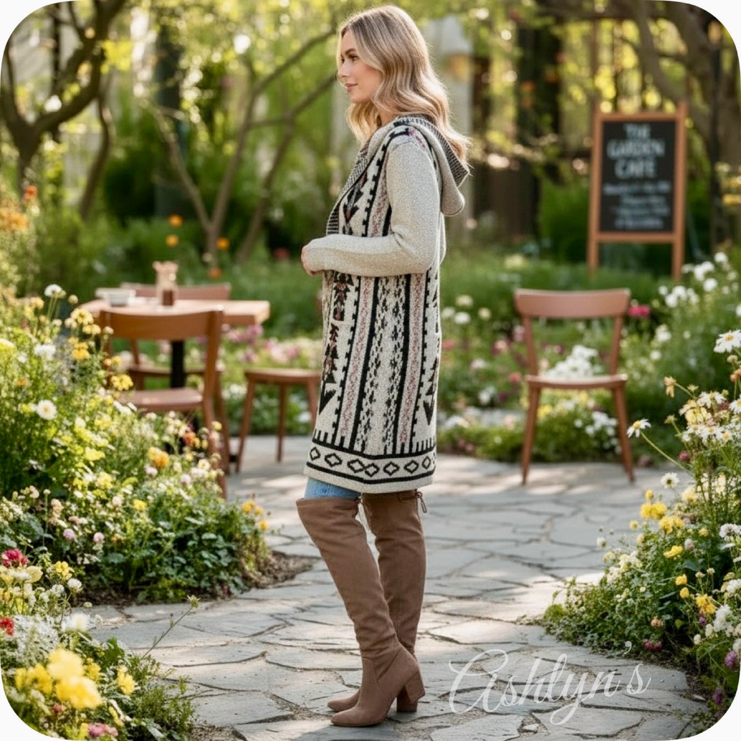 Boho Asymmetric Print Long Beige Hooded Cardigan-Aztec Sweater-Duster-Oatmeal
