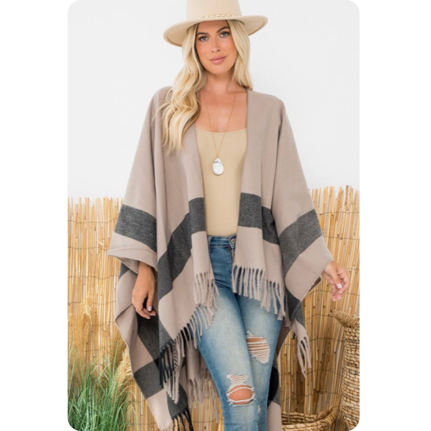 Casually Classy Beige Color Block Fringe Trim Kimono-Open Front Shawl