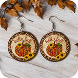 Hello Fall Disc Earrings with Leopard Trim-Pumpkin and Sunflowers