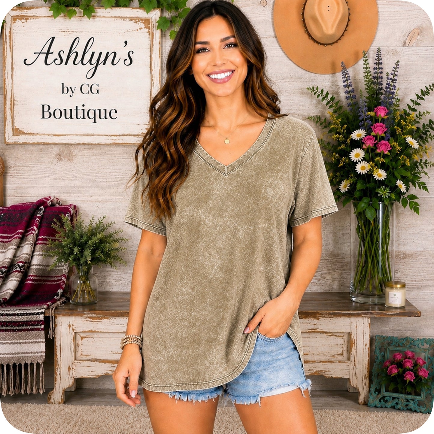 ZENANA Washed Classic V Neck Short Sleeve Tunic Top