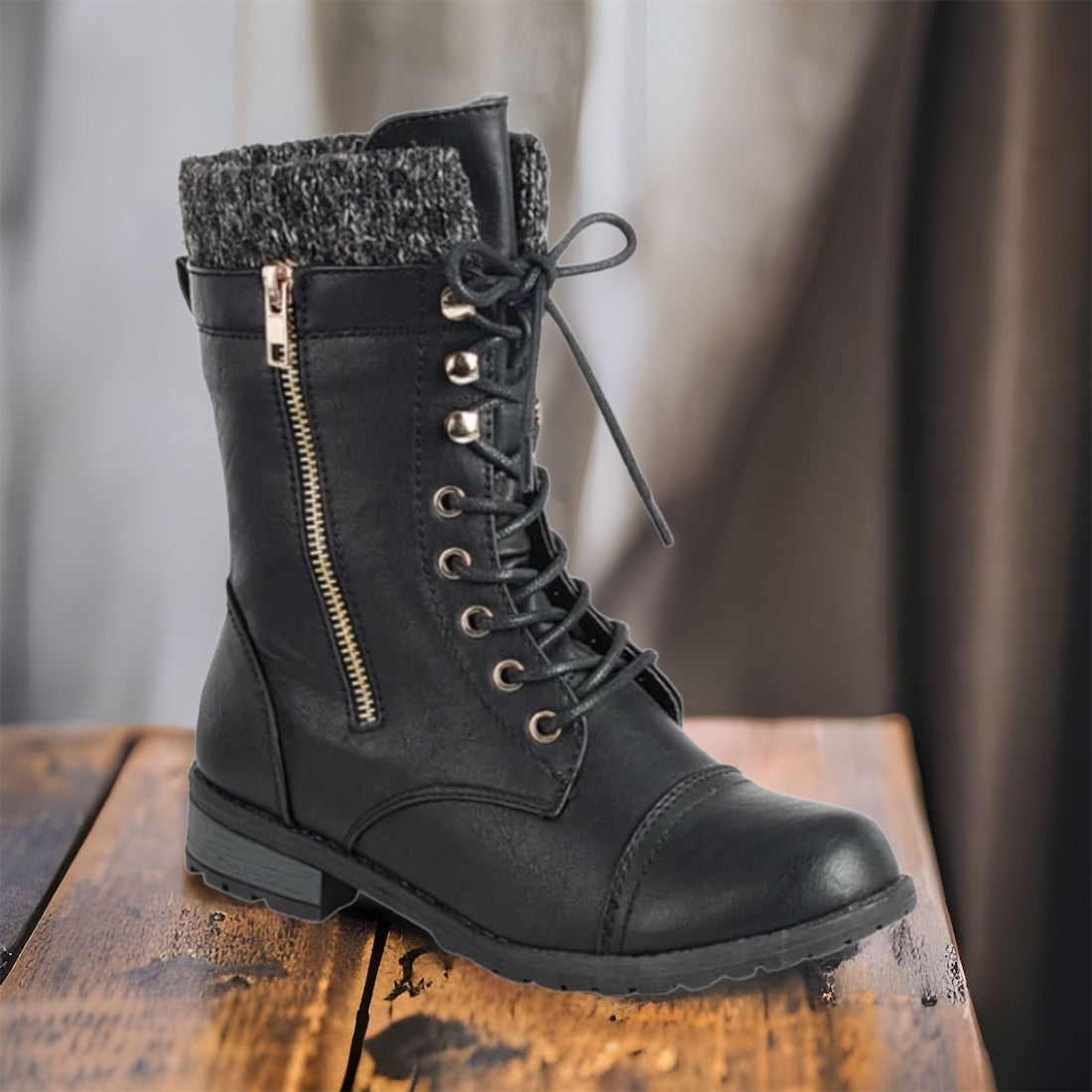 Cozy Cute Pepper Trim Black Combat Boots