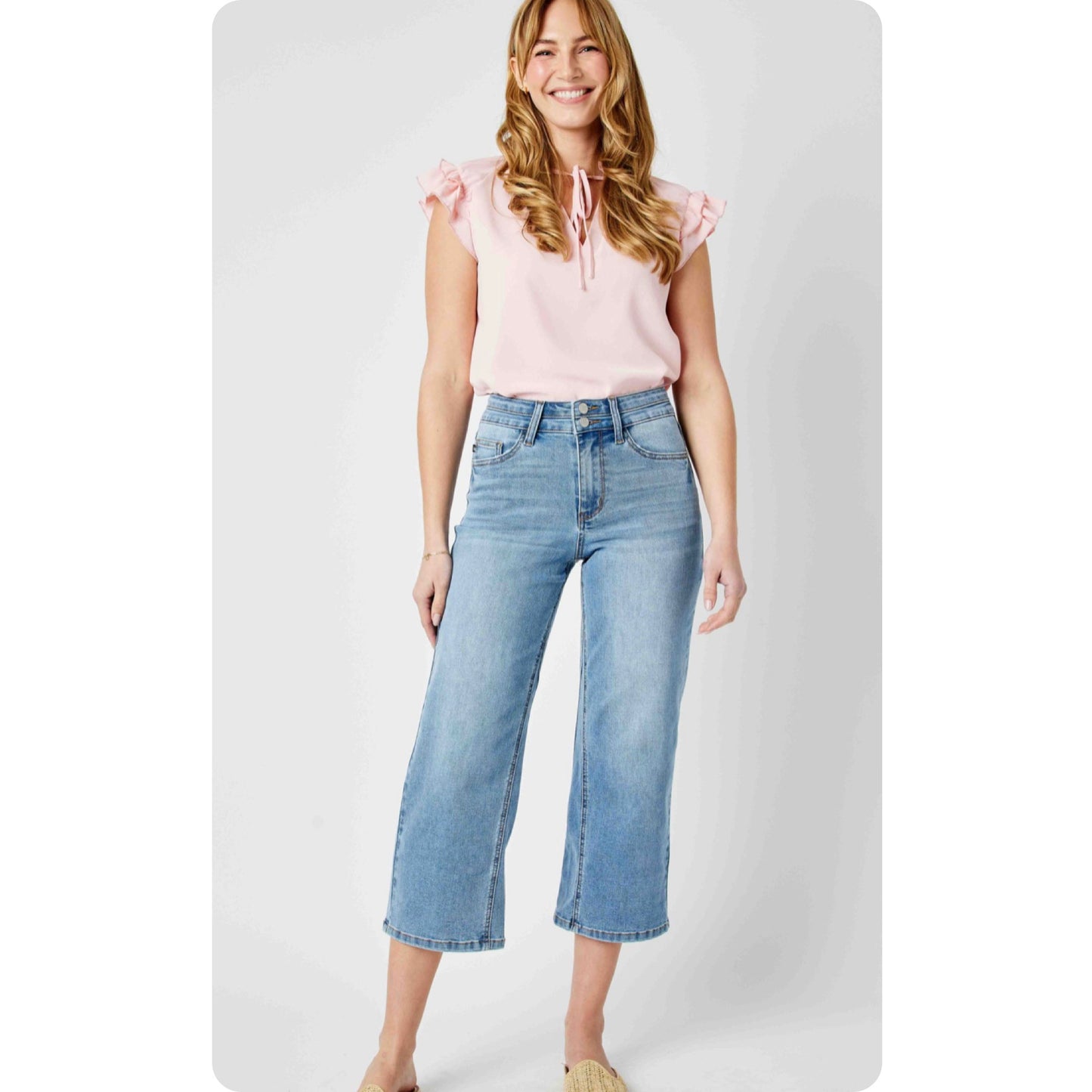 JUDY BLUE PLUS SIZE HIGH WAIST DOUBLE WAISTBAND CROP WIDE LEG