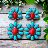 Western Iconic Turquoise Red Stone Concho Earrings