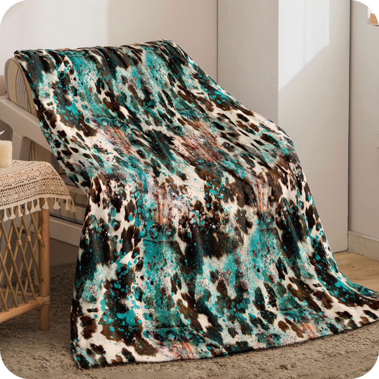 Snuggle Time Turquoise Brown Western Genre Fleece Blanket-Throw