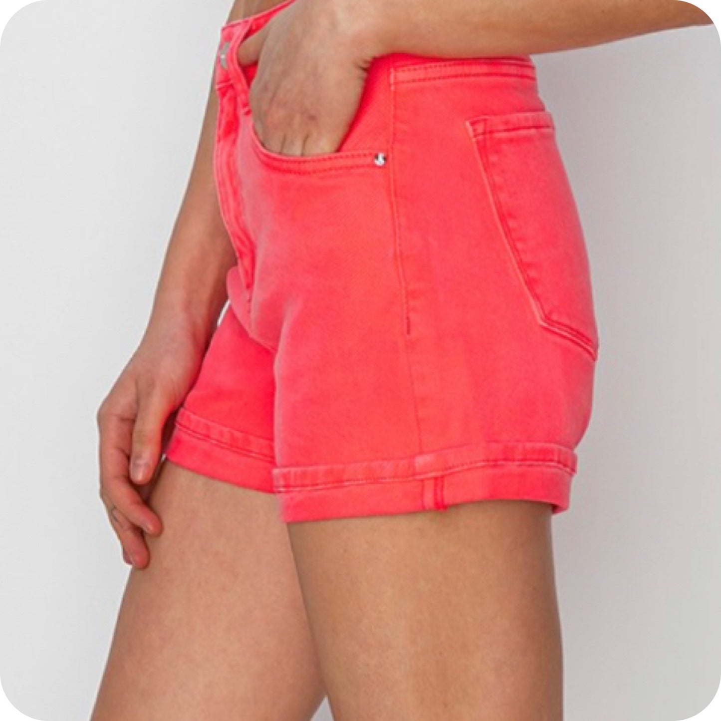 Risen High Rise Cuffed Neon Coral Shorts-Summer Comfort