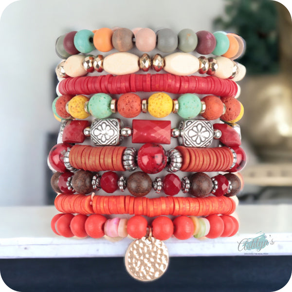 Versatile Bead and Stone Stackable Bracelet Set-Red