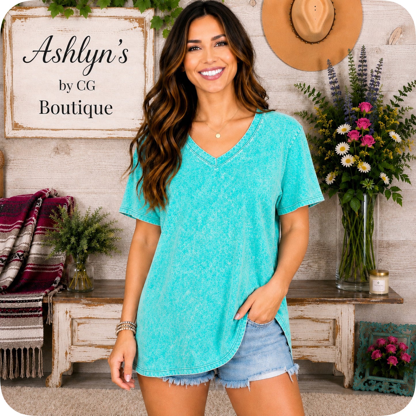 ZENANA Washed Classic V Neck Short Sleeve Tunic Top