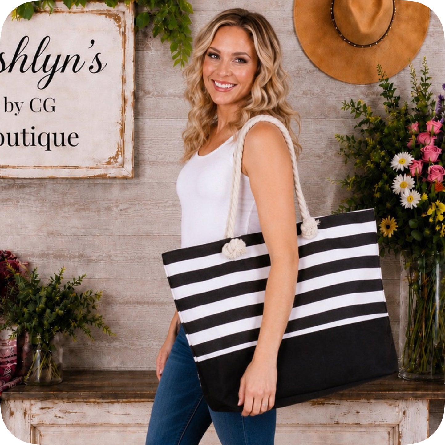 Ashlyn’s XL Black Striped Canvas Headed Out with Ease Tote Bag-Purse
