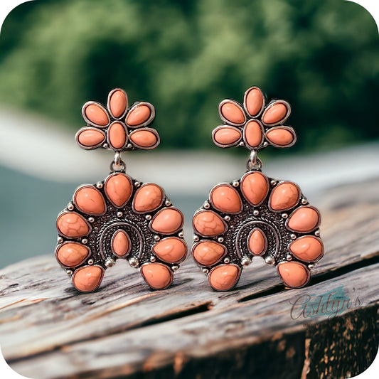 Western Iconic Peach Stone Horseshoe Concho Earrings