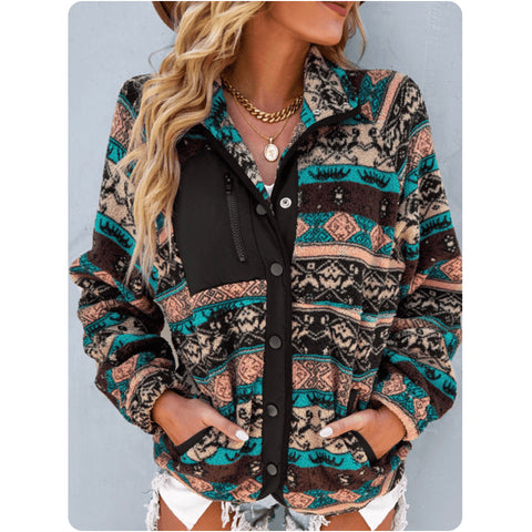 Ashlyn’s Cozy Cute Black Turquoise Tribal Sherpa Jacket-Western Button Up Outerwear